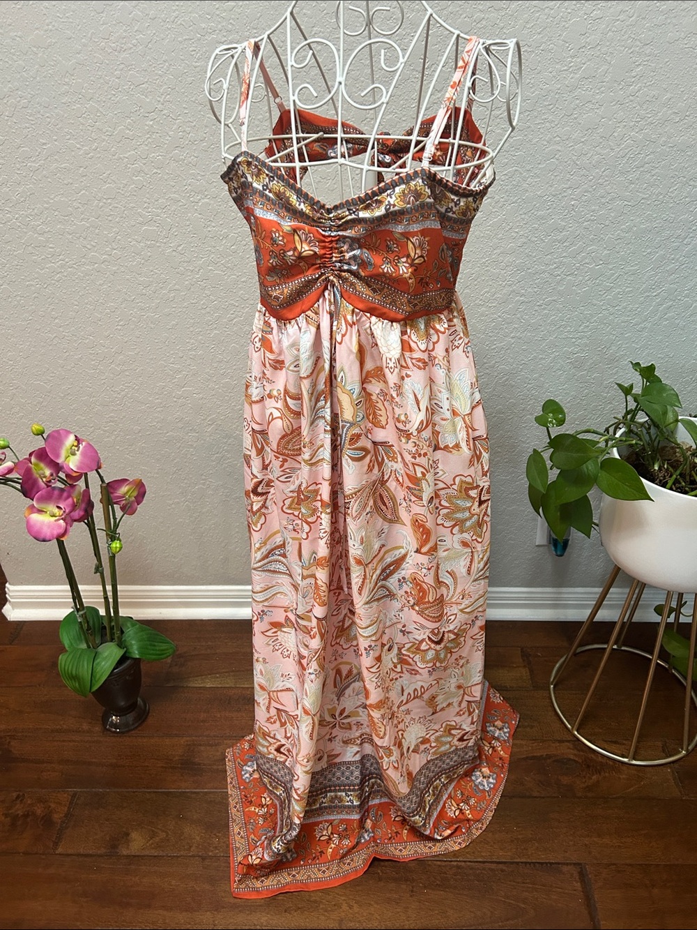 Boho Paisley Maxi Dress in Coral and Cream by Porter Collective Small